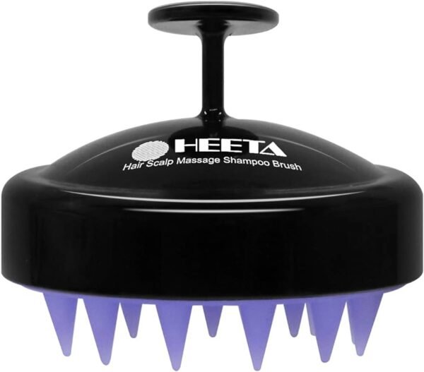 Handheld Heeta Scalp Massager Brush with soft silicone bristles for gentle scalp stimulation and product absorption.