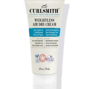 Tube of Curlsmith Weightless Air Dry Cream – protein-free, lightweight leave-in conditioner with Babassu and Shea for curly hair."