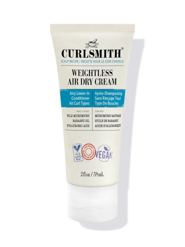 Tube of Curlsmith Weightless Air Dry Cream – protein-free, lightweight leave-in conditioner with Babassu and Shea for curly hair."