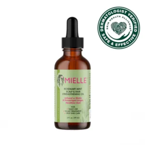 Bottle of Mielle Rosemary Mint Oil with rosemary and biotin, used to strengthen hair and stimulate the scalp naturally.