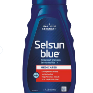 Selsun Blue Medicated Shampoo with Selenium Sulfide for treating scalp psoriasis, relieving itching and controlling flaking.