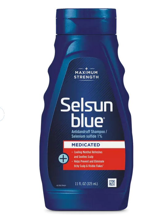 Selsun Blue Medicated Shampoo with Selenium Sulfide for treating scalp psoriasis, relieving itching and controlling flaking.