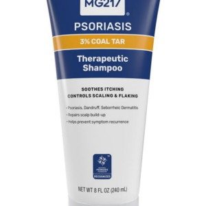 MG217 Psoriasis Medicated Shampoo with Coal Tar and Salicylic Acid for gentle scalp exfoliation and moisturizing relief from psoriasis