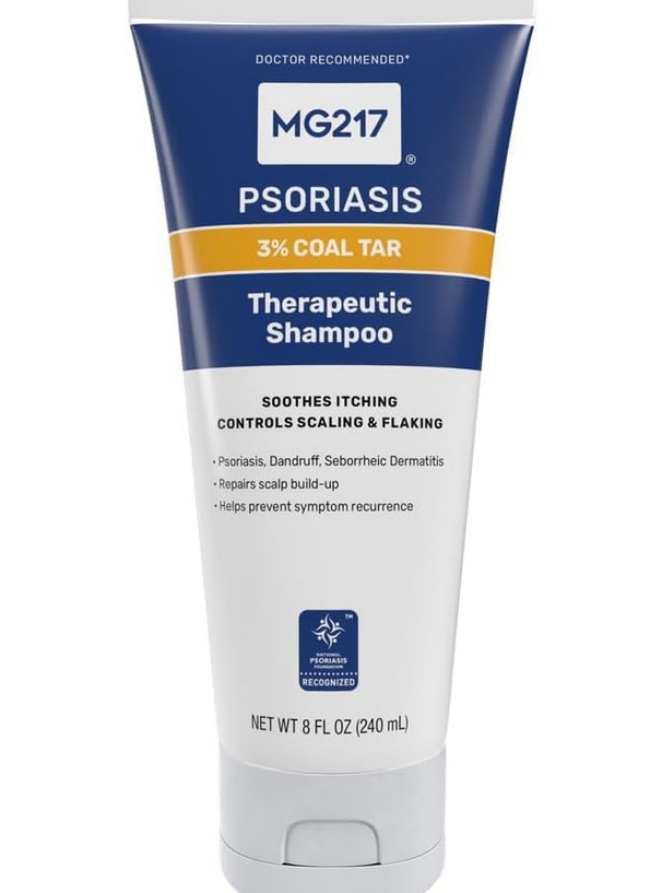 MG217 Psoriasis Medicated Shampoo with Coal Tar and Salicylic Acid for gentle scalp exfoliation and moisturizing relief from psoriasis