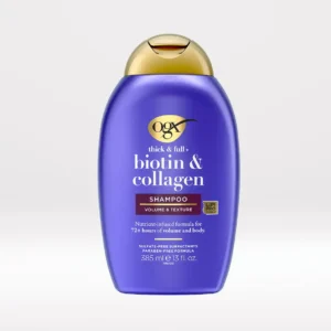 Budget-friendly biotin and collagen shampoo for extra volume and thickness, strengthening hair and improving texture without weighing it down.