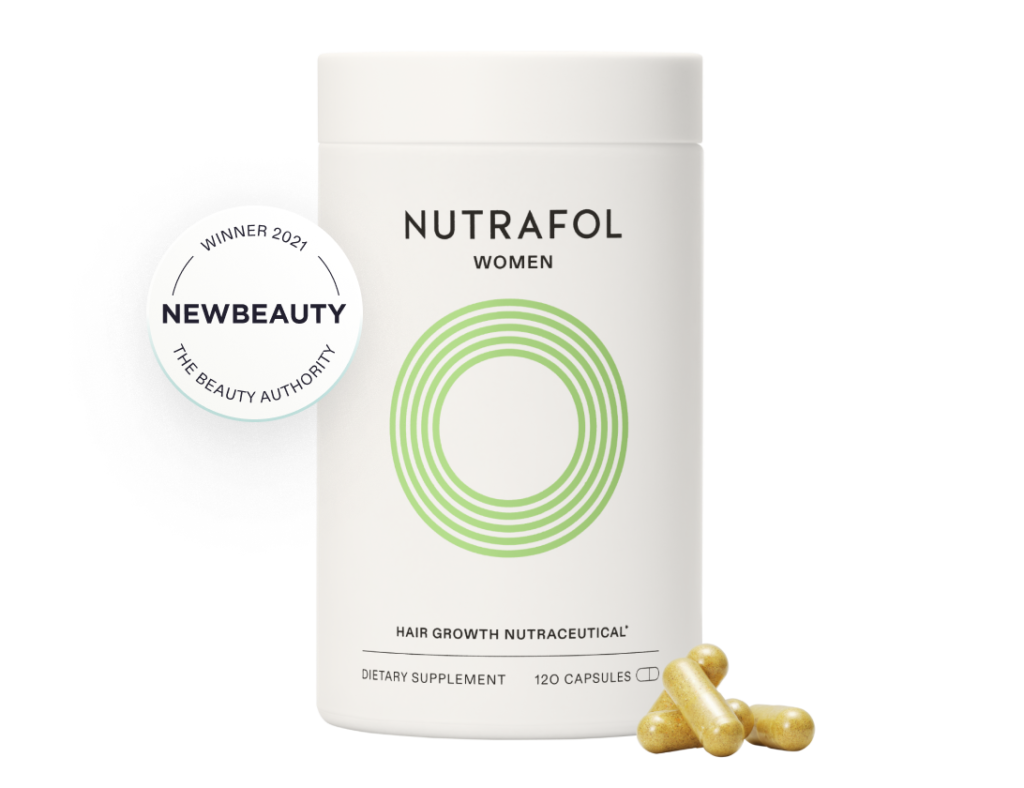 Nutrafol supplements for women featuring saw palmetto and ashwagandha to reduce hair thinning