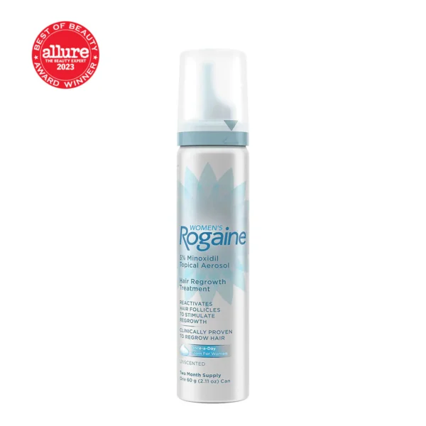Packaging of Rogaine Minoxidil topical treatment, FDA-approved for stimulating hair growth and treating hereditary hair loss.