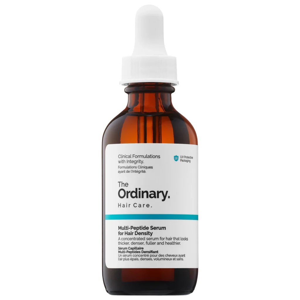 Bottle of The Ordinary Multi-Peptide Serum for Hair Density, formulated with peptides, caffeine, and castor oil for fuller-looking hair.