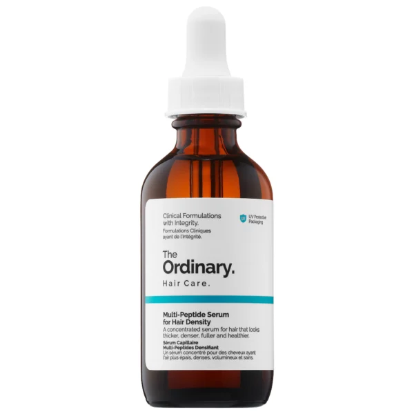 Bottle of The Ordinary Multi-Peptide Serum for Hair Density, formulated with peptides, caffeine, and castor oil for fuller-looking hair.